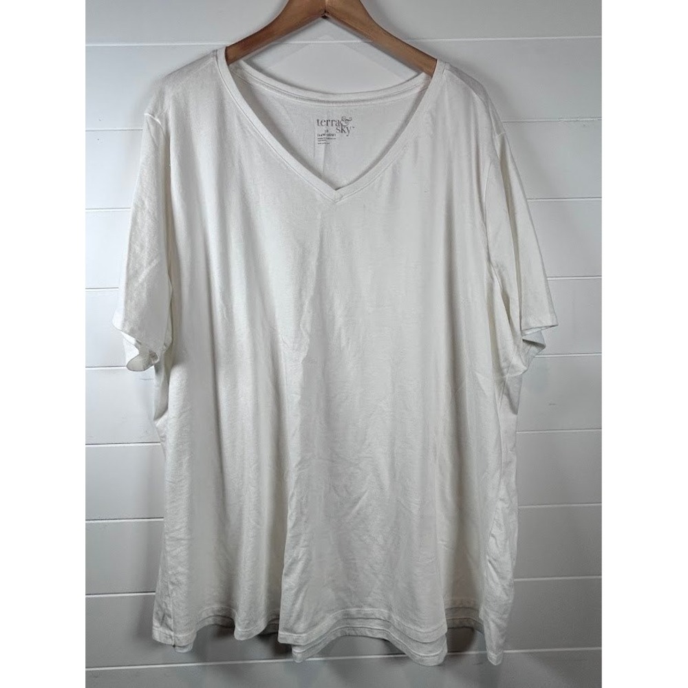 Terra & Sky Womens 3X White V Neck Short Sleeve Basic T Shirt Top‎ Plus Size